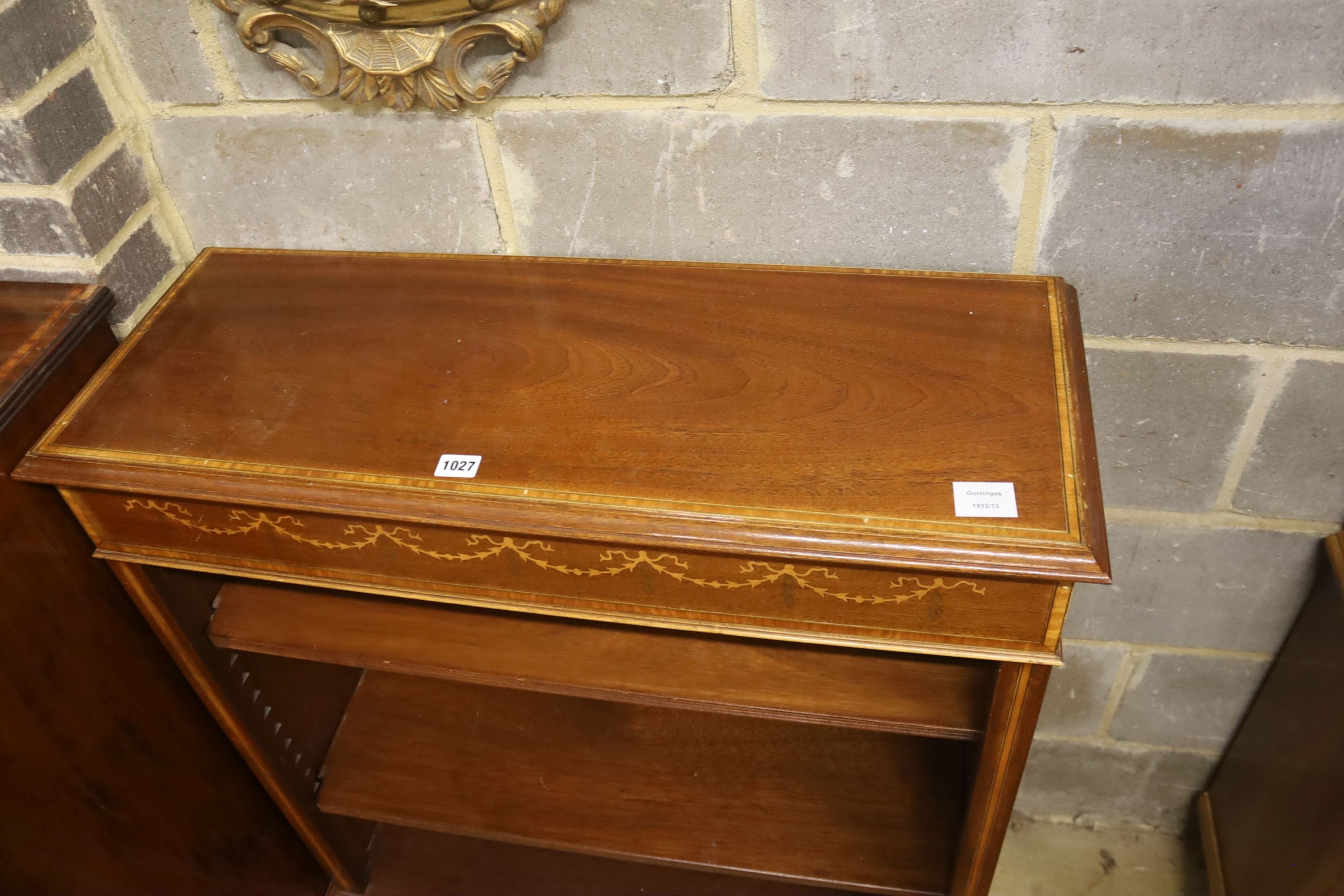 A reproduction Edwardian style banded mahogany open fronted bookcase, width 84cm, depth 32cm, height 100cm